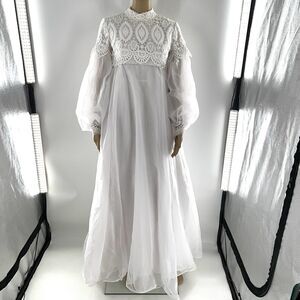 VTG Emma Domb Ethereal Wedding Gown 60s Era Empire Waist Crochet Lace Bodice-Sz9